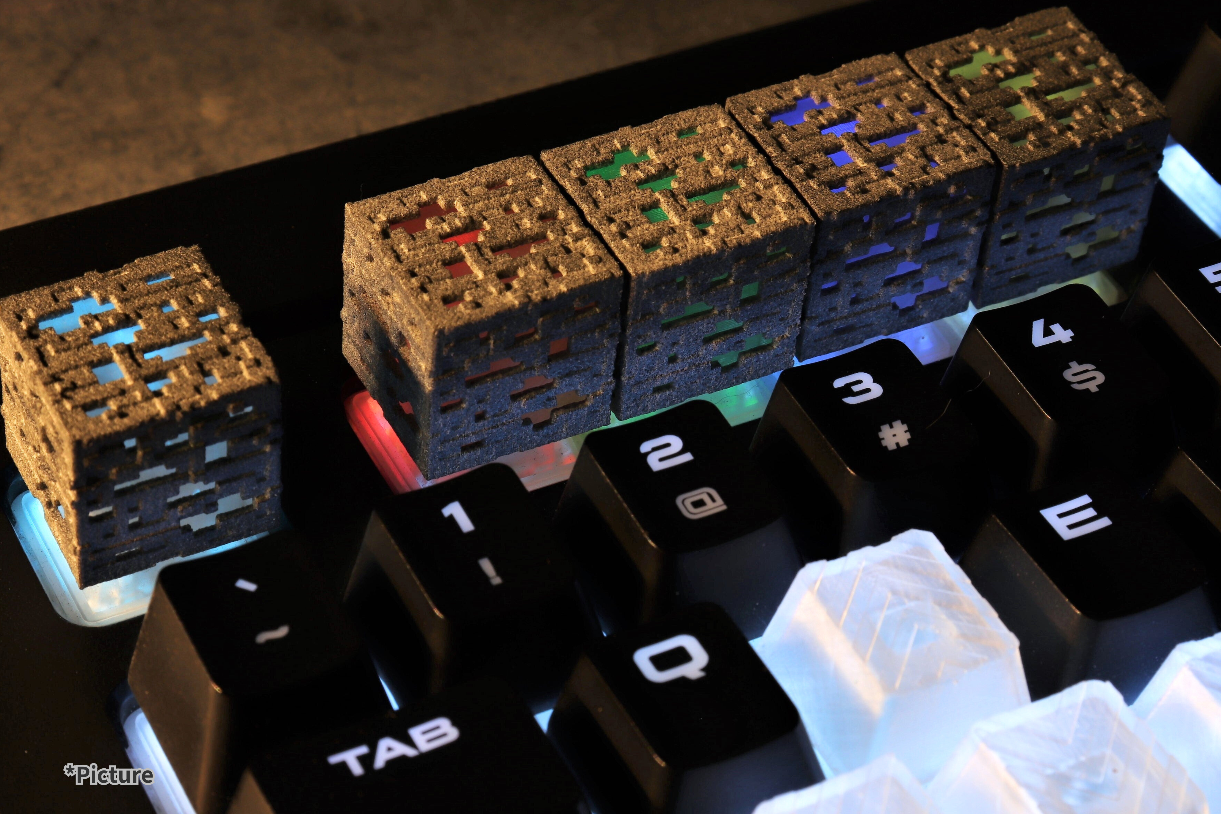 Minecraft ore artisan keycaps installed on rgb keyboard