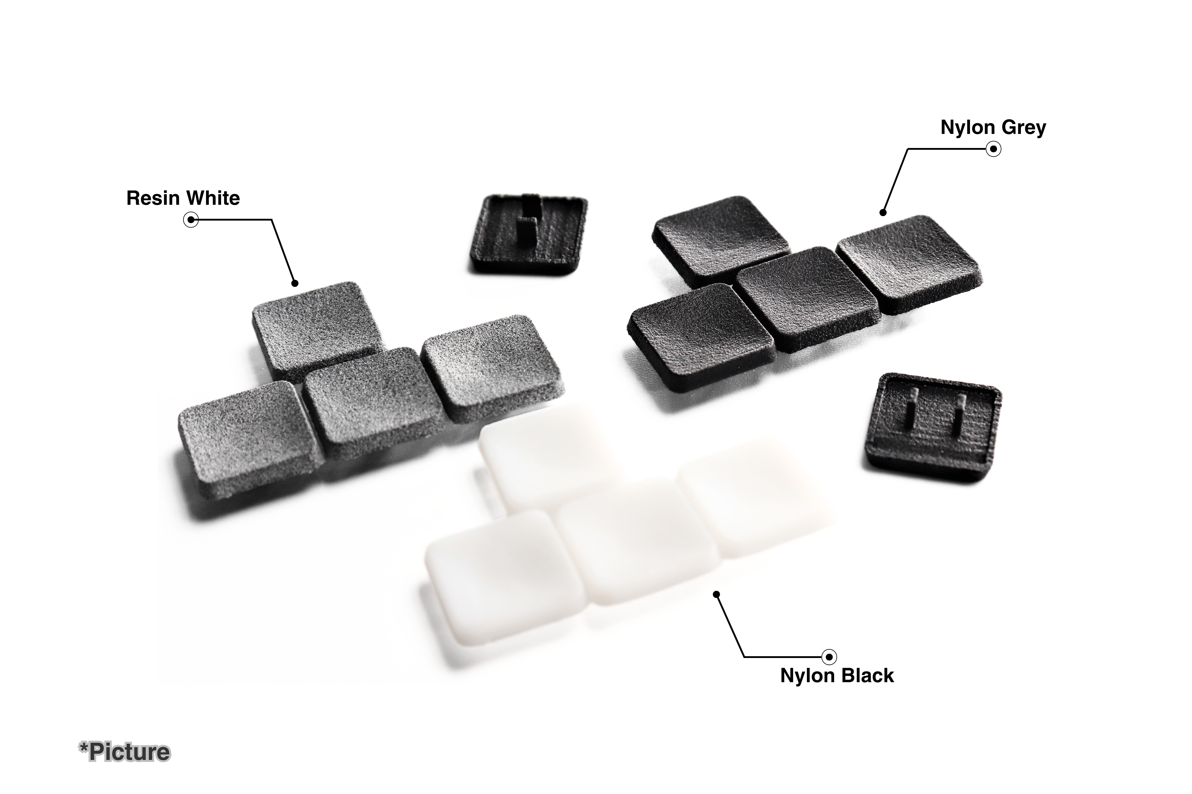 SCS Keycaps Shown in Resin White, Nylon Grey and Nylon Black