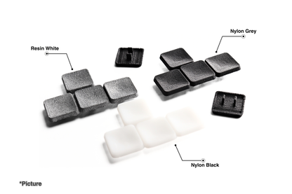 SCS Keycaps Shown in Resin White, Nylon Grey and Nylon Black