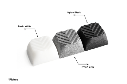 XDA Arrow Keycaps Shown in Resin White, Nylon Black, and Nylon Grey