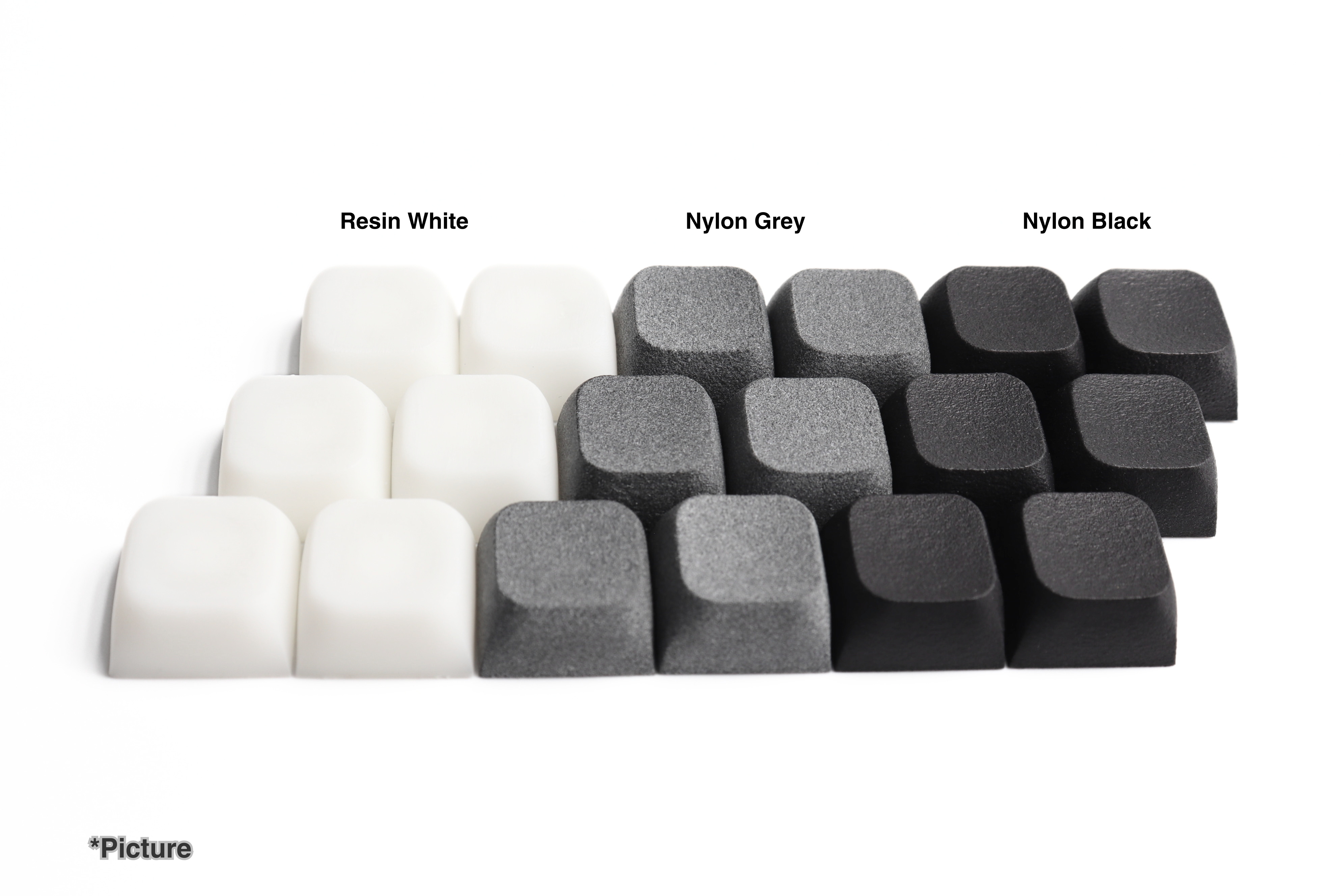 XDA Keycaps Shown in Resin White, Nylon Grey, and Nylon Black